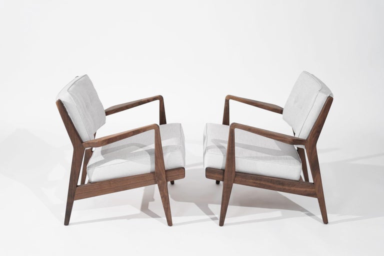 Walnut Lounge Chairs in Grey Linen, Model U430 for Risom, Inc. Circa, 1950s