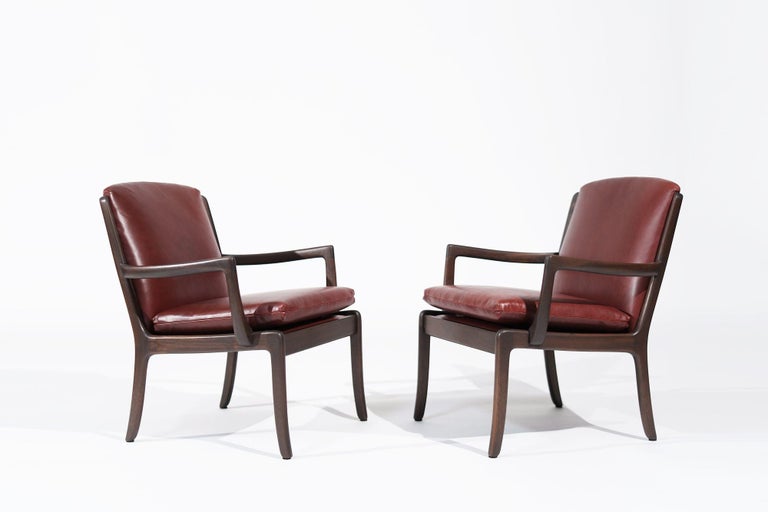 Set of Lounge Chairs by Ole Wanscher in Sangria Leather, Denmark, C. 1960s