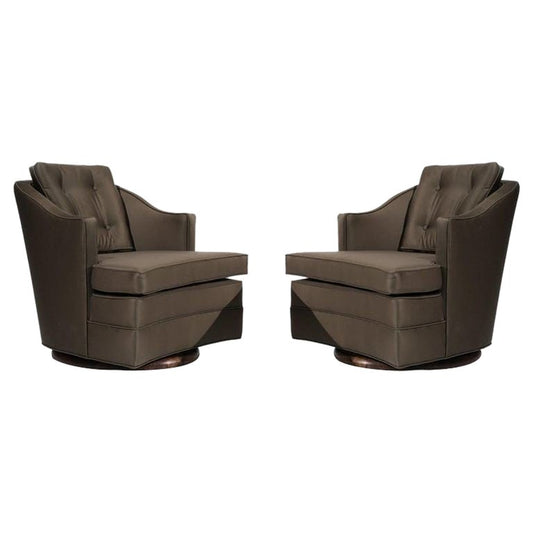 Set of Swivel Lounge Chairs in Olive Green Silk, C. 1950s