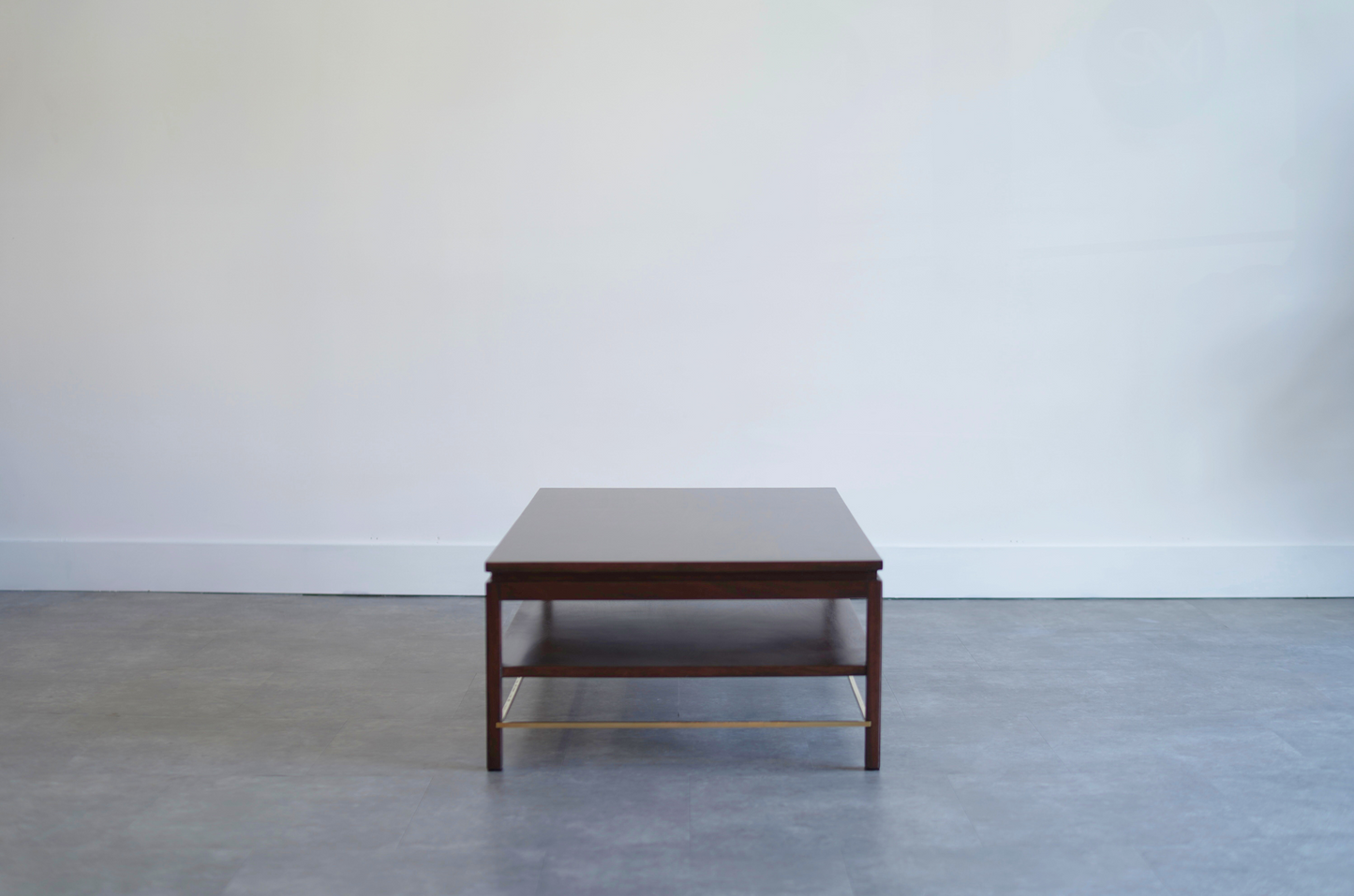 Edward Wormley Brass Stretcher Walnut Coffee Table, C. 1950s