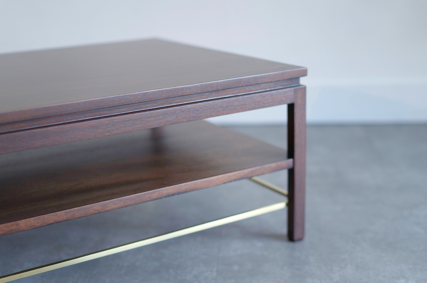 Edward Wormley Brass Stretcher Walnut Coffee Table, C. 1950s