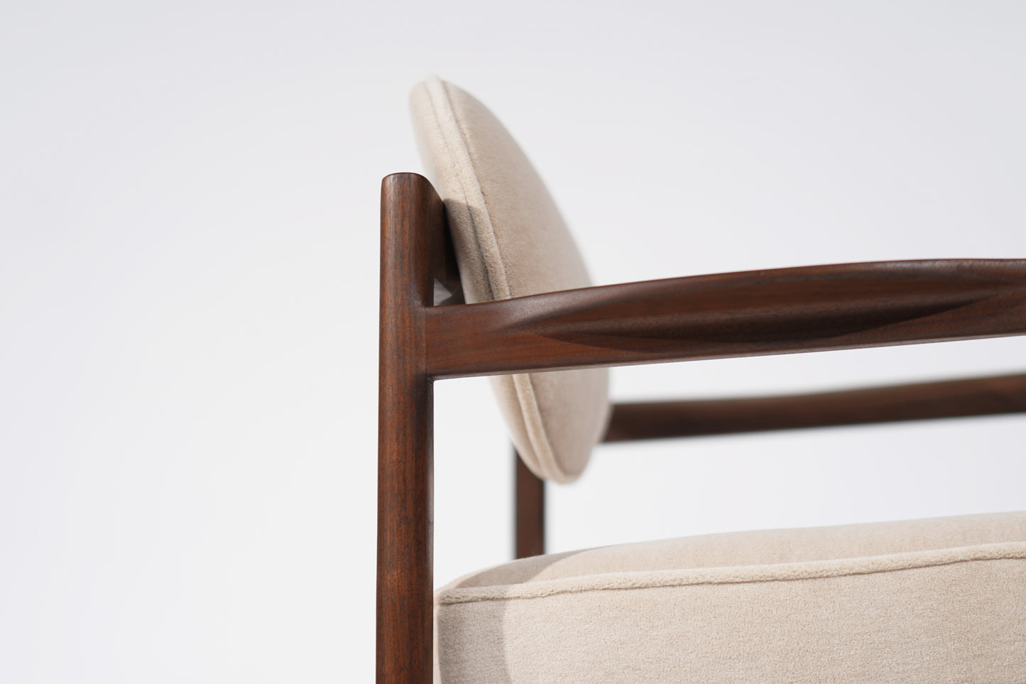 Jens Risom Walnut Armchairs in Natural Mohair, C. 1950s