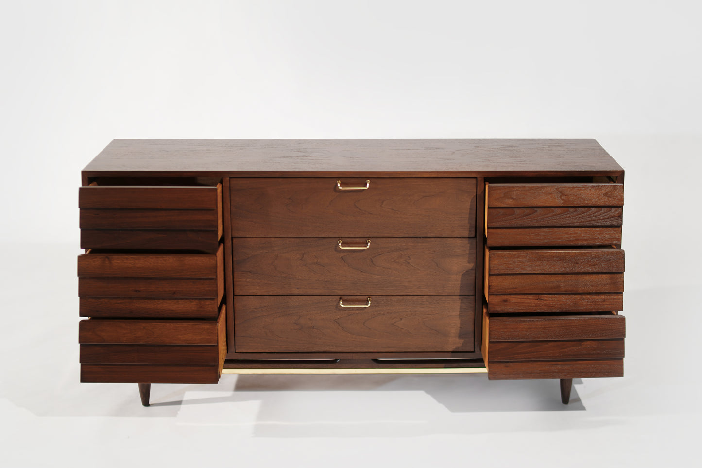 Mid Century Modern Walnut Dresser with Brass Accents, C. 1950s