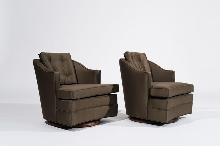 Set of Swivel Lounge Chairs in Olive Green Silk, C. 1950s