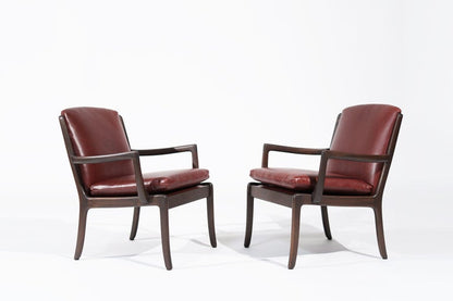 Set of Lounge Chairs by Ole Wanscher in Sangria Leather, Denmark, C. 1960s