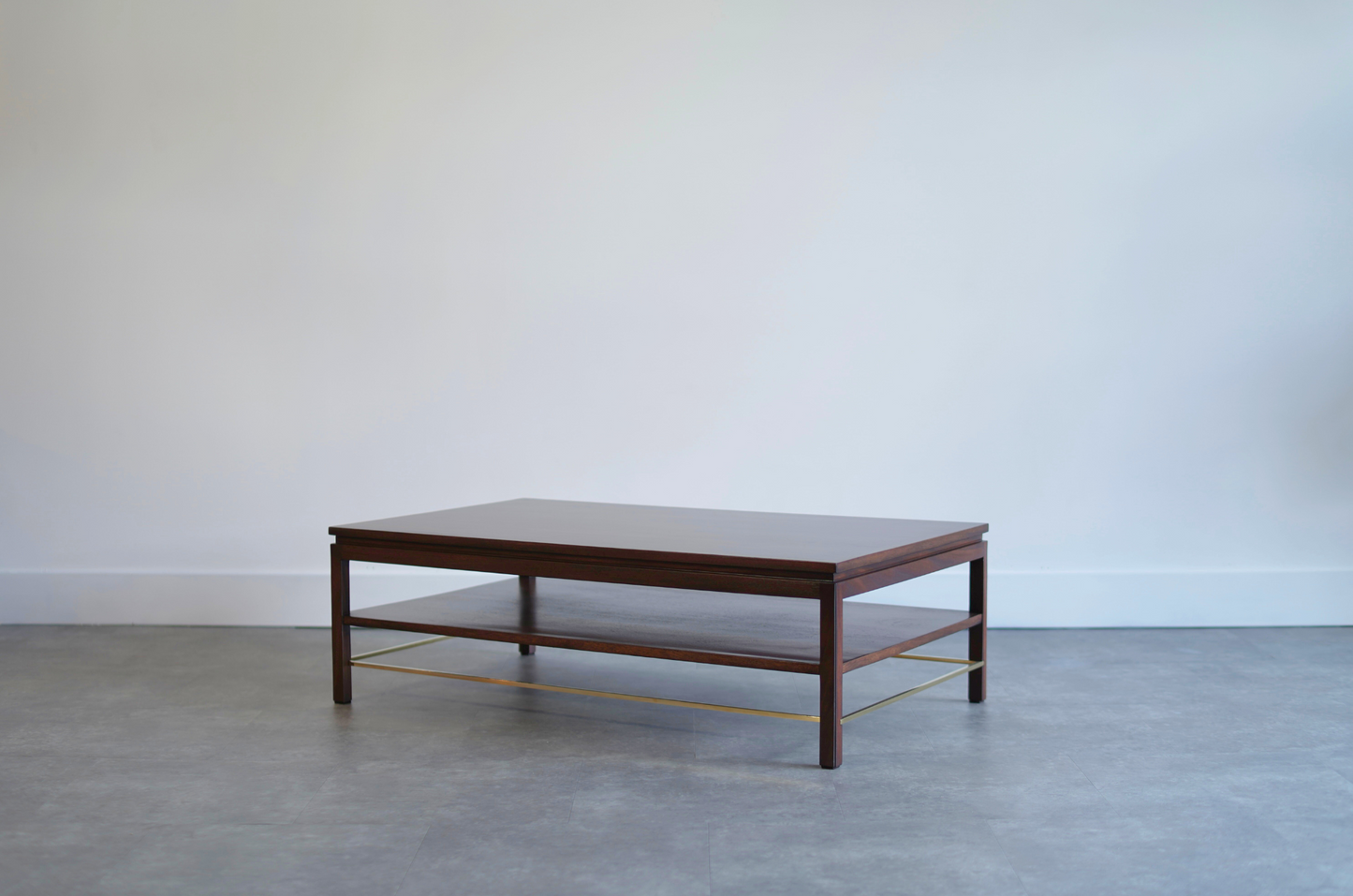 Edward Wormley Brass Stretcher Walnut Coffee Table, C. 1950s