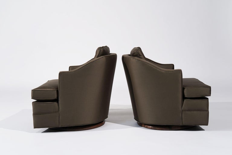 Set of Swivel Lounge Chairs in Olive Green Silk, C. 1950s