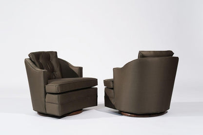 Set of Swivel Lounge Chairs in Olive Green Silk, C. 1950s