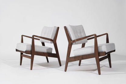 Walnut Lounge Chairs in Grey Linen, Model U430 for Risom, Inc. Circa, 1950s