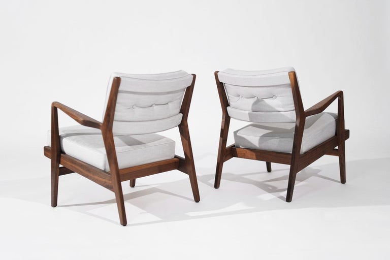 Walnut Lounge Chairs in Grey Linen, Model U430 for Risom, Inc. Circa, 1950s