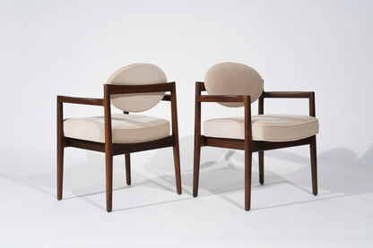 Jens Risom Walnut Armchairs in Natural Mohair, C. 1950s