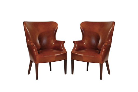 Set of Wingback Club Chairs in Cognac Leather, C. 1950s