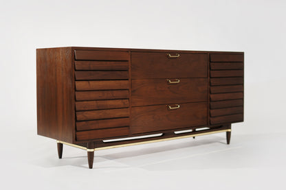 Mid Century Modern Walnut Dresser with Brass Accents, C. 1950s