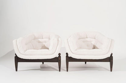 Set of Transitional Tripod Lounge Chairs in Wool, circa 1950s