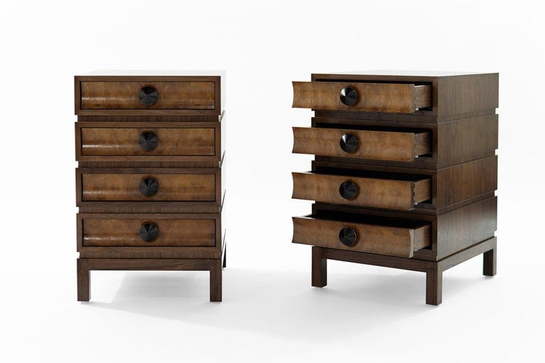 Stacked Bedside Tables in Special Walnut with Burl Wood